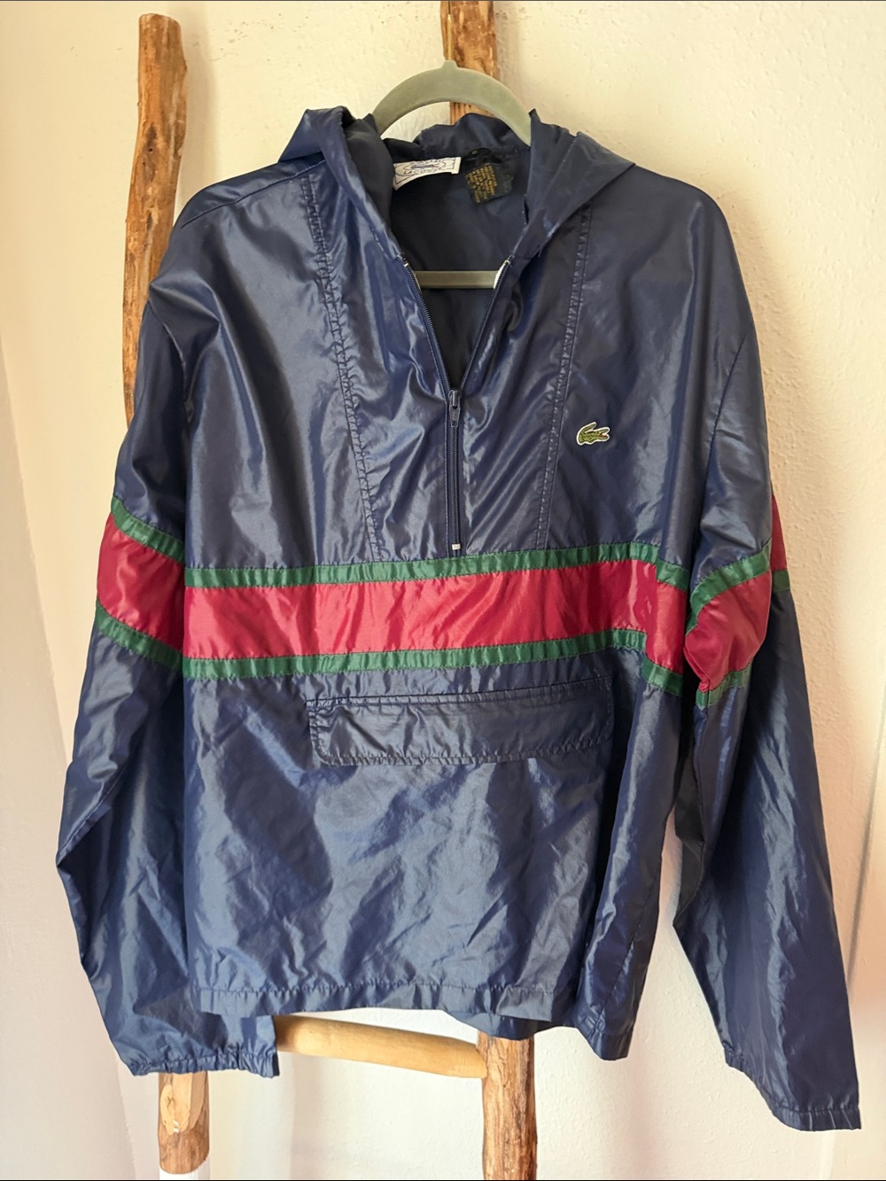 Lacoste Izod Navy Lightweight Hooded Windbreaker Red and Green Stripes XL
